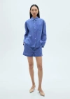 Mango Stripe Cotton Blend Drawstring Shorts In Bleu