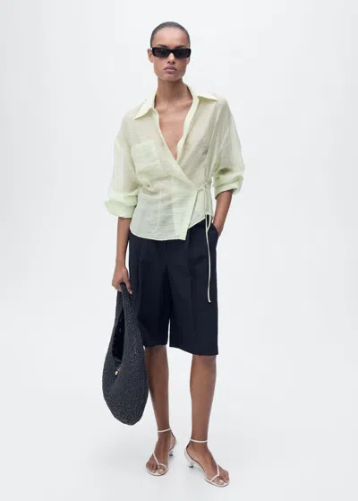 Mango Cross-over Lyocell Shirt With Bow Closure Aqua Green In Vert D´eau
