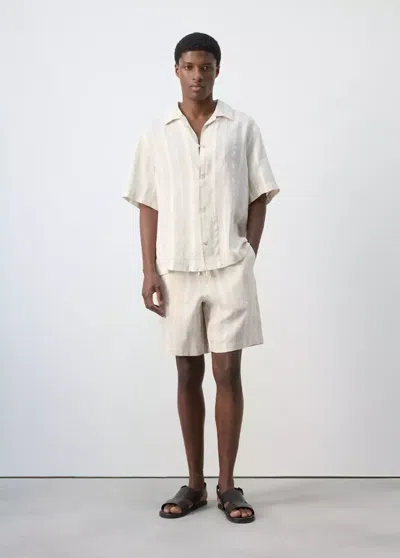 Mango Striped Linen Shirt With Bowling Collar In Beige