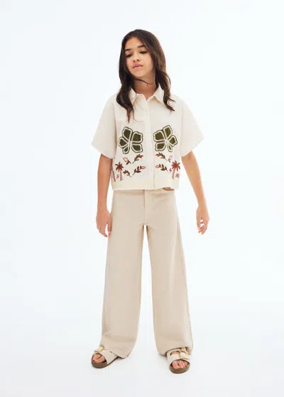 Mango Kids' Linen Shirt Embroidered With Flowers Ecru