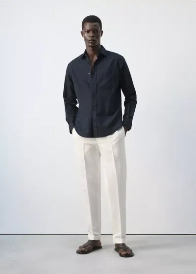 Mango Linen-cotton Shirt With Pocket In Dark Navy