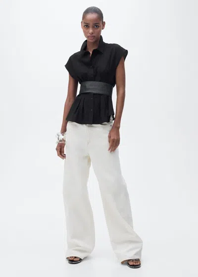 Mango Short Sleeve Pleated Shirt Black