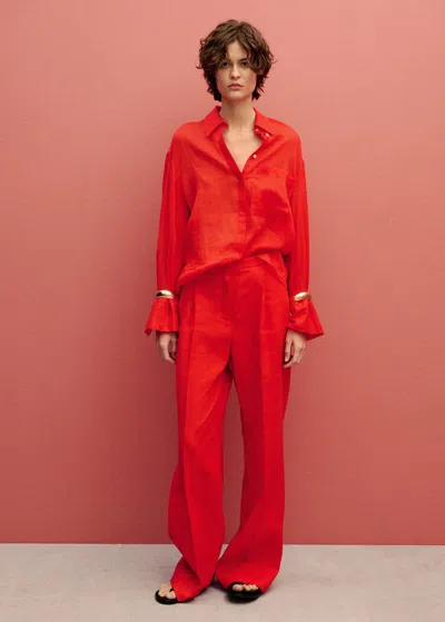 Mango Regular Ramie Shirt Pocket Red