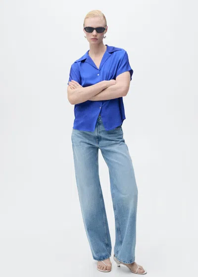Mango Short-sleeved Satin Shirt Night Blue