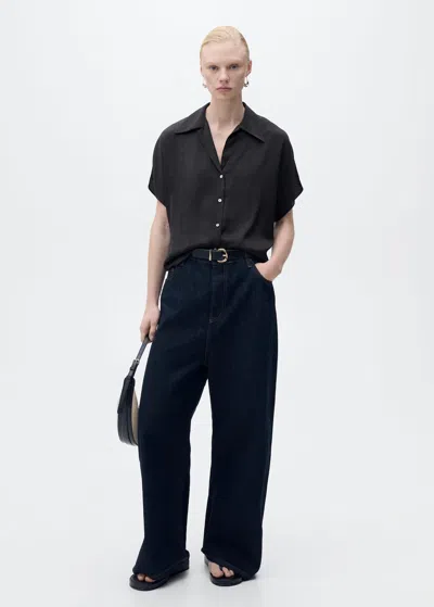 Mango Short-sleeved Satin Shirt Black In Black