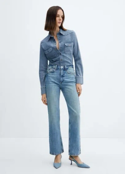 Mango Chemise Jean Poches In Bleu Moyen