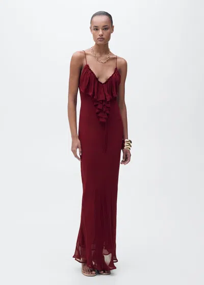 Mango Chiffon Dress With Ruffle Detail Burgundy