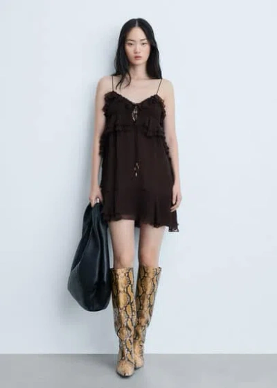Mango Robe Gaze Bretelles Volants In Marron