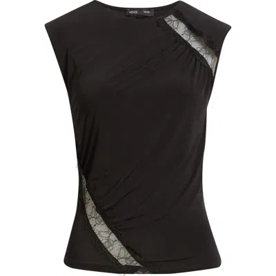 Mango Cindy Lace Panel Ruched Top In Black