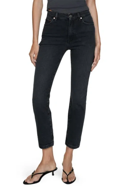 Mango Claudia Waxed Crop Slim Fit Jeans In Black Denim