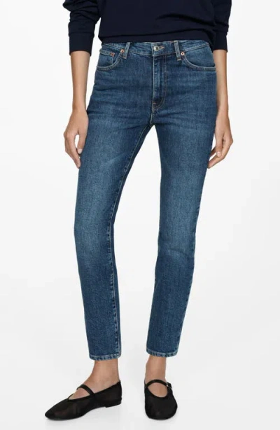 Mango Claudia Waxed Crop Slim Fit Jeans In Dark Blue