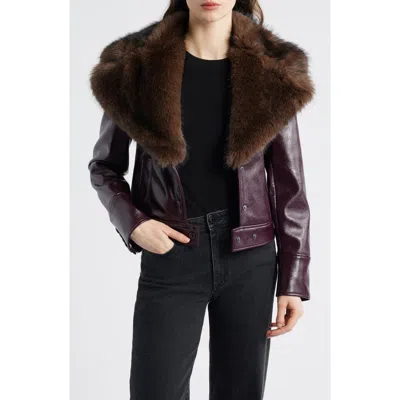 Mango Cleo Faux Fur Collar Faux Leather Crop Jacket In Brown