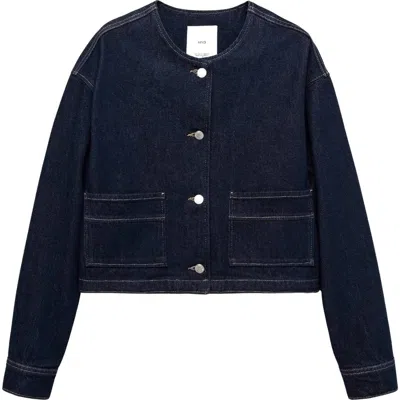 Mango Collarless Denim Jacket In Open Blue