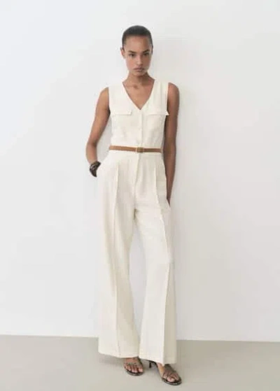Mango Belt Long Jumpsuit Ecru