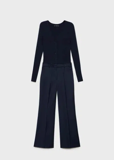 Mango Contrast-bodice Long Jumpsuit Dark Navy In Bleu Marine Foncé