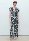 Mango Print Wide Leg Linen Blend Jumpsuit In Blue