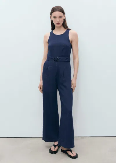 Mango Straight Leg Denim Jumpsuit With Belt Detail In Bleu Nuit