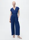 Mango Belted Hammered Satin Jumpsuit In Bleu Encre