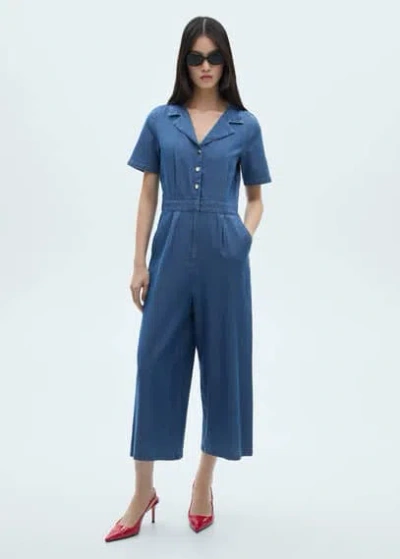 Mango Combinaison Manches Courtes En Jean Bleu Moyen - Femme - Xl -