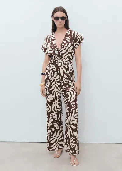 Mango Printed Linen Jumpsuit With Belt Brown