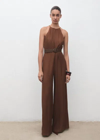 Mango Pleated Jumpsuit With Belt In Brown