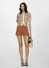 Mango Stripe Short Sleeve Knit Button-up Shirt In Caramel