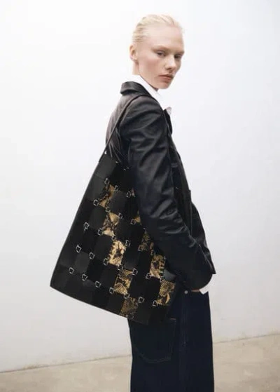 Mango Combined-patchwork Leather Shopper Bag Black