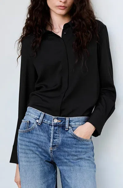 Mango Concealed Placket Satin Shirt In Black