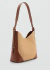 Mango Contrast Canvas Shoulder Bag Leather In Leather