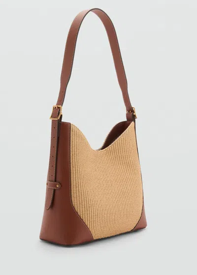 Mango Contrast Canvas Shoulder Bag Leather