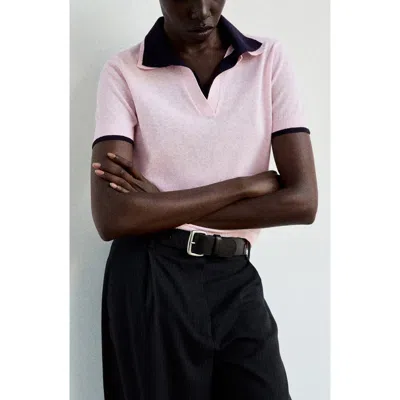 Mango Contrast Collar Cotton Blend Short Sleeve Sweater In Gray