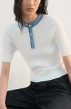 Mango Contrast Collar Half Button Short Sleeve Sweater In White