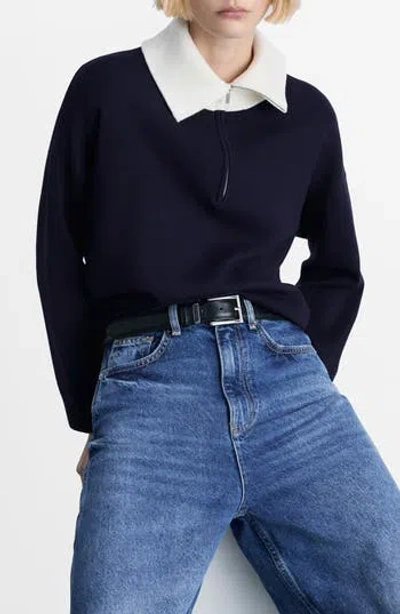 Mango Contrast Collar Half Zip Sweater In Blue