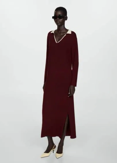 Mango Contrast Collar Knit Dress Burgundy