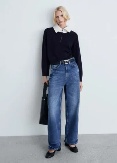 Mango Contrast Collar Knit Sweater Dark Navy