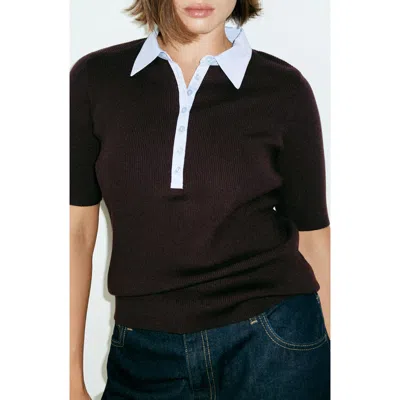 Mango Contrast Collar Short Sleeve Rib Sweater In Brown