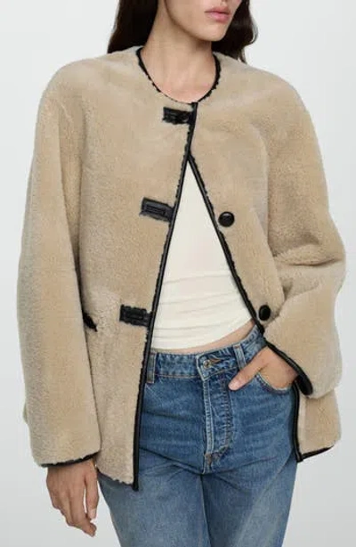 MANGO MANGO CONTRAST FAUX LEATHER TRIM FAUX FUR TOGGLE COAT