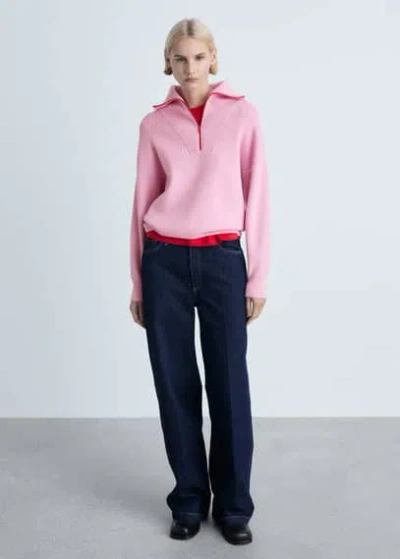 Mango Contrast Knitted Zipper Sweater Pink