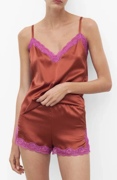 Mango Contrast Lace Silk Camisole In Red