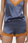 Mango Contrast Lace Trim Stretch Silk Pajama Shorts In Blue