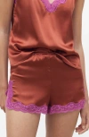 Mango Contrast Lace Trim Stretch Silk Pajama Shorts In Brown