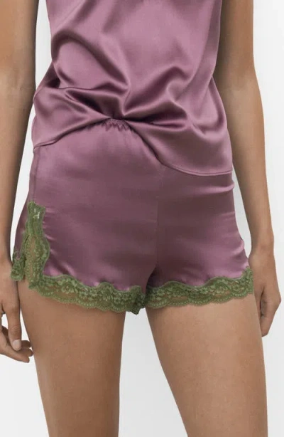 Mango Contrast Lace Trim Stretch Silk Pajama Shorts In Purple