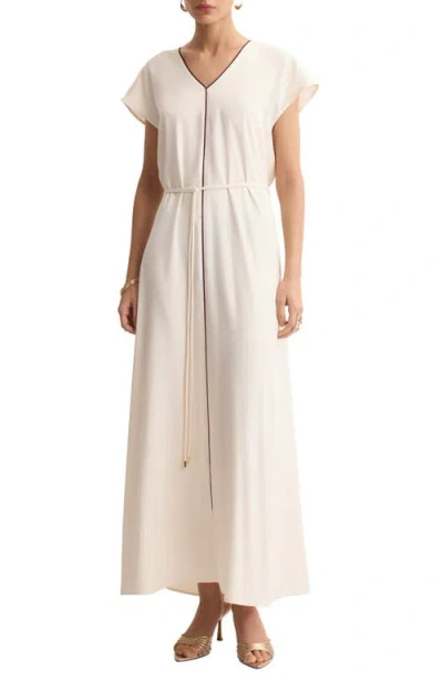 Mango Contrast Piping Belted Midi Dress In White