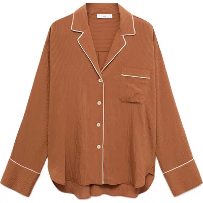 Mango Contrast Piping Crinkle Oversize Button-up Shirt In Brown