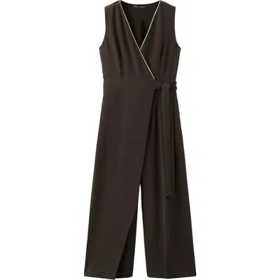Mango Contrast Piping Faux Wrap Jumpsuit In Brown