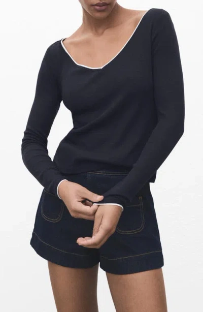 Mango Contrast Rib Top In Blue