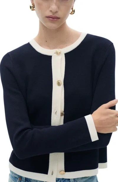 Mango Cardigan With Contrasting Trim In Bleu Marine Foncé