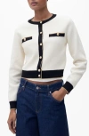 Mango Contrast Trim Cardigan In Ecru