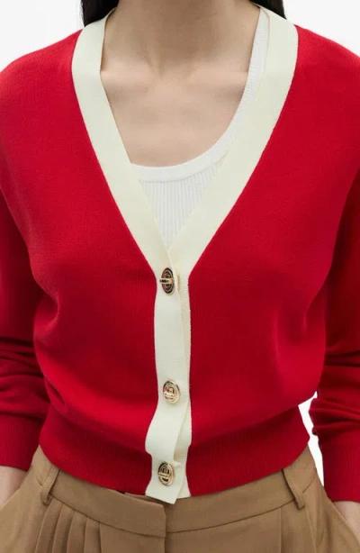 Mango Contrast Trim Cardigan In Red