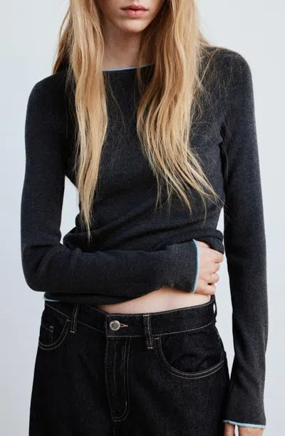 Mango Contrast Trim Crewneck Sweater In Gray
